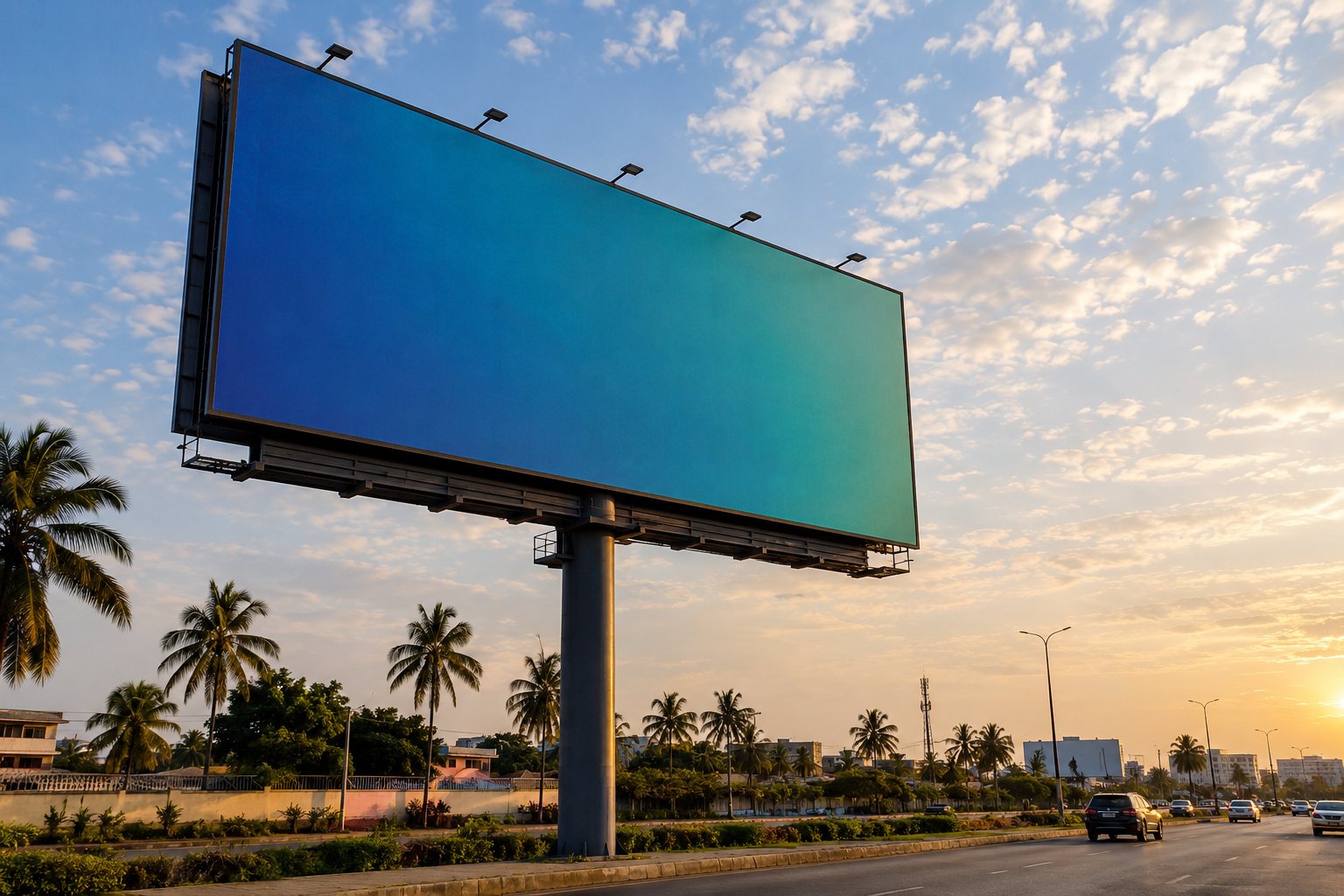 A large blank roadside billboard on a dual carriageway at sunset, with palm trees and passing traffic beyond.