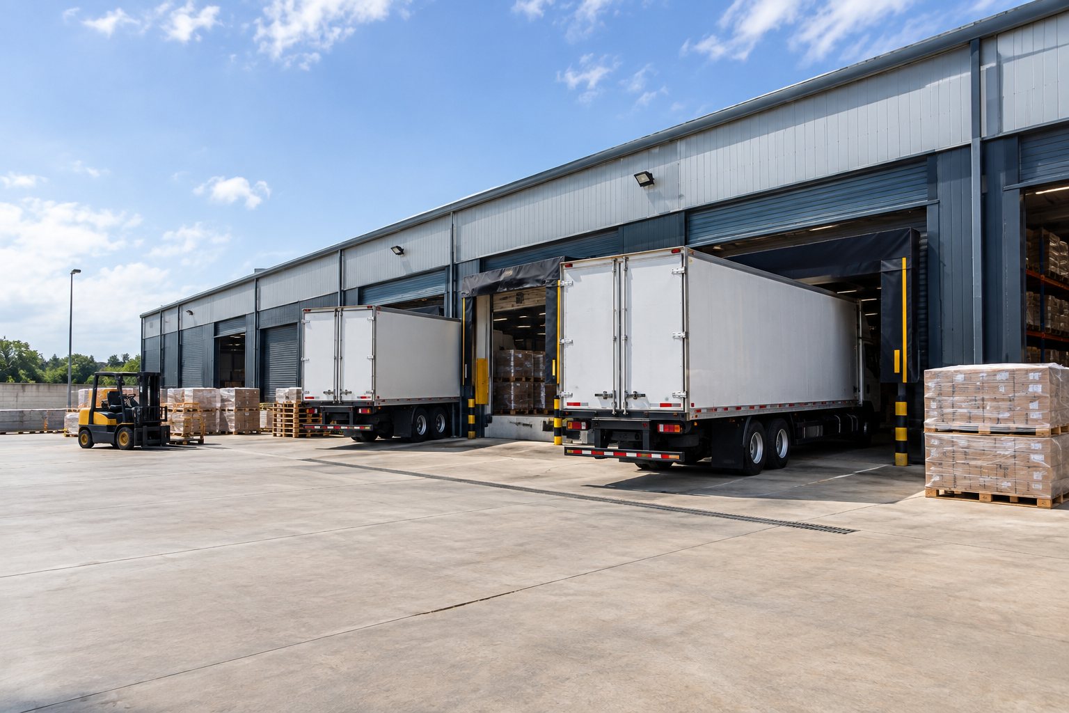 Two plain white cargo trucks reversed into the loading bays of a warehouse, with a forklift and stacked pallets on the apron.