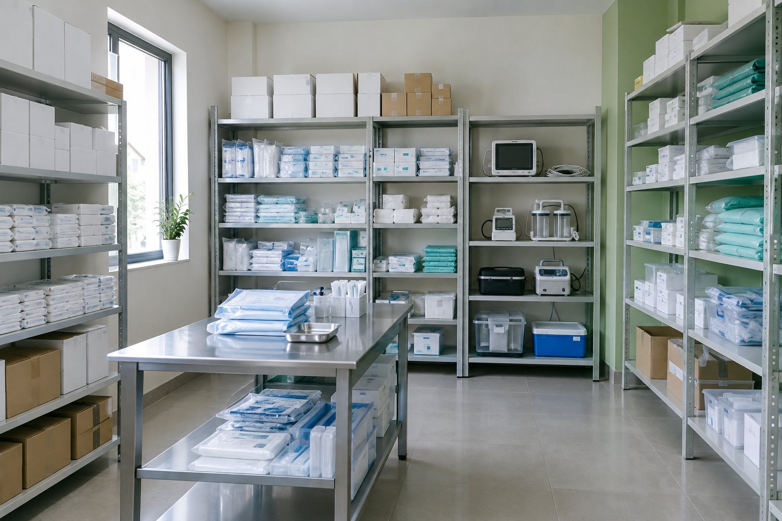A clean medical supply store room with steel shelving holding sealed sterile packs, boxes and monitoring equipment.