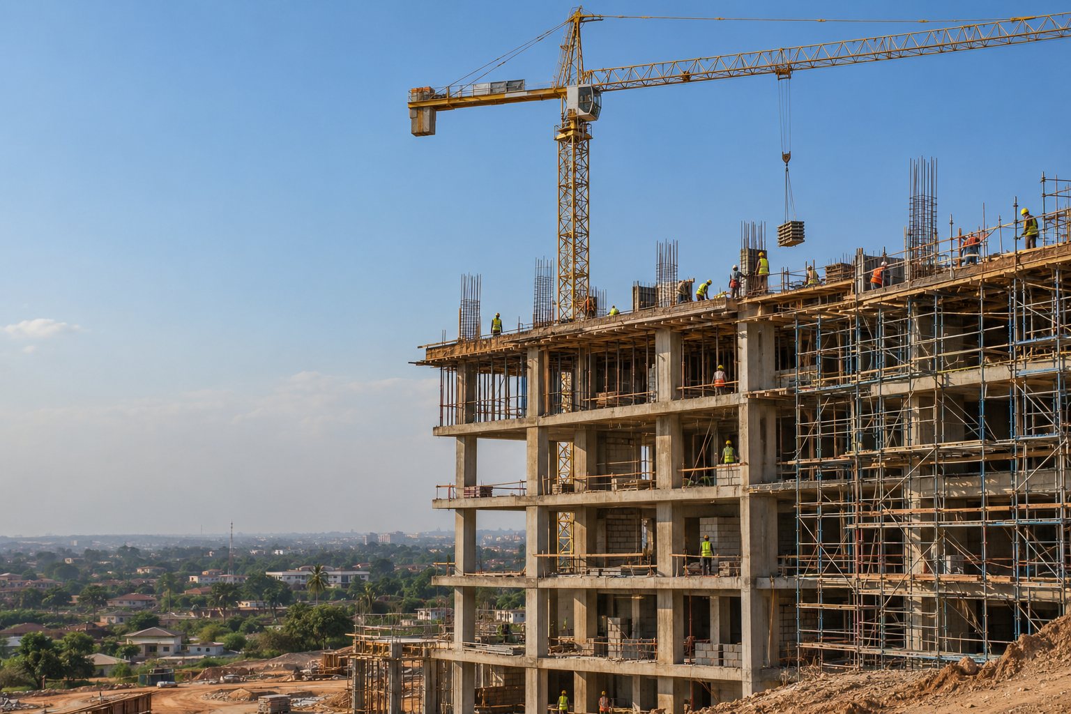A multi storey concrete building under construction, wrapped in scaffolding, with a tower crane above it.