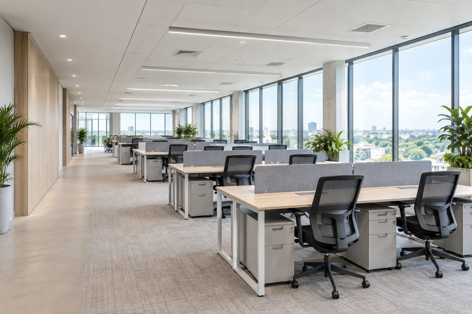 A completed open plan office floor with rows of desks and task chairs beside full height windows.